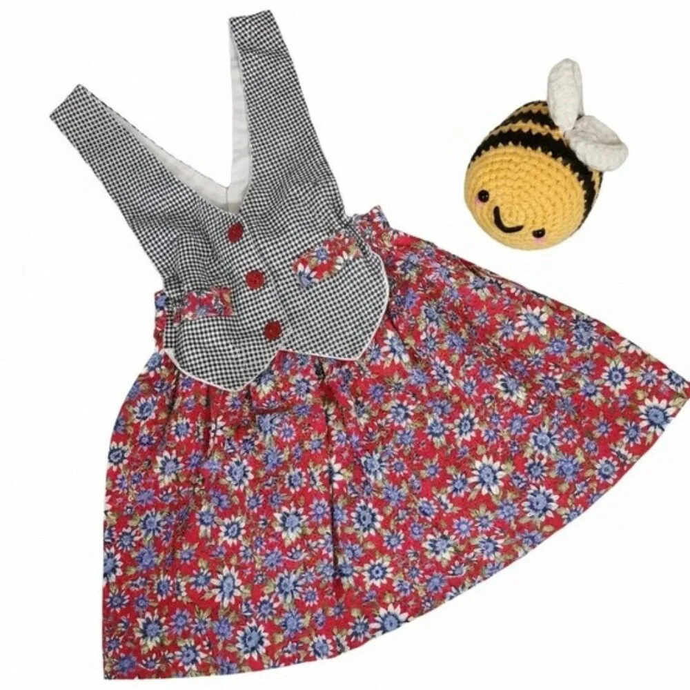 Vintage 90s‎ Jilly Kids Pinafore Dress Red Floral Gingham Mary Kate Ashley style